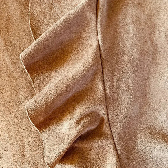 NWOT INC Petite Open Front Ruffle Cardigan Size S Brown Neutral Faux Suede Vegan - Picture 3 of 4